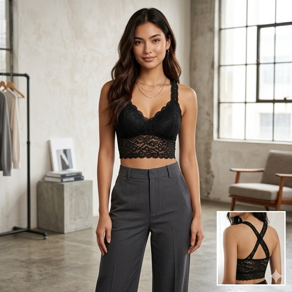 Xhilaration Lace Bralette Womens M Black Racerback Sheer Floral Lingerie‎ Y2K